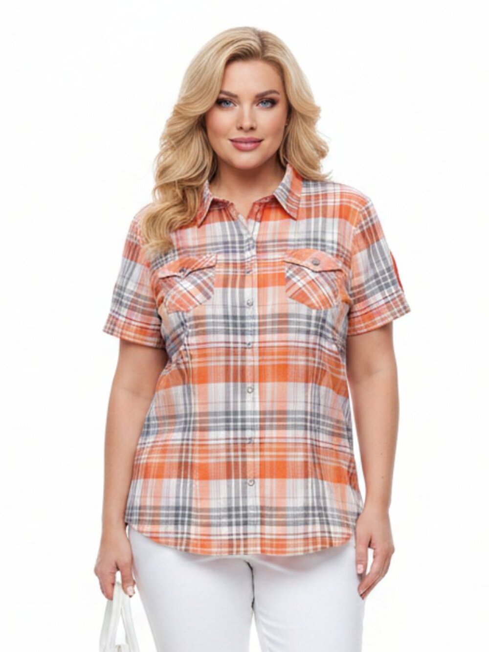 Drama Gold White Orange Gray Plaid Checks Western Short Sleeve Pearl Snap Top 2X